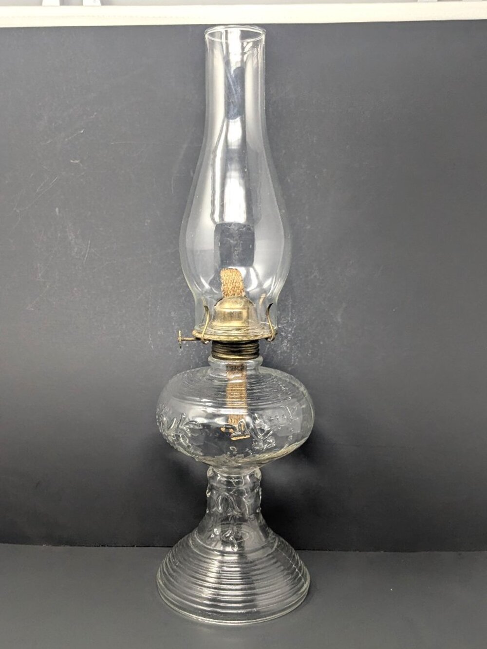 Vintage EAPG Pressed Glass Oil Lamp Kerosene Hurricane Chimney Beehive Manhattan